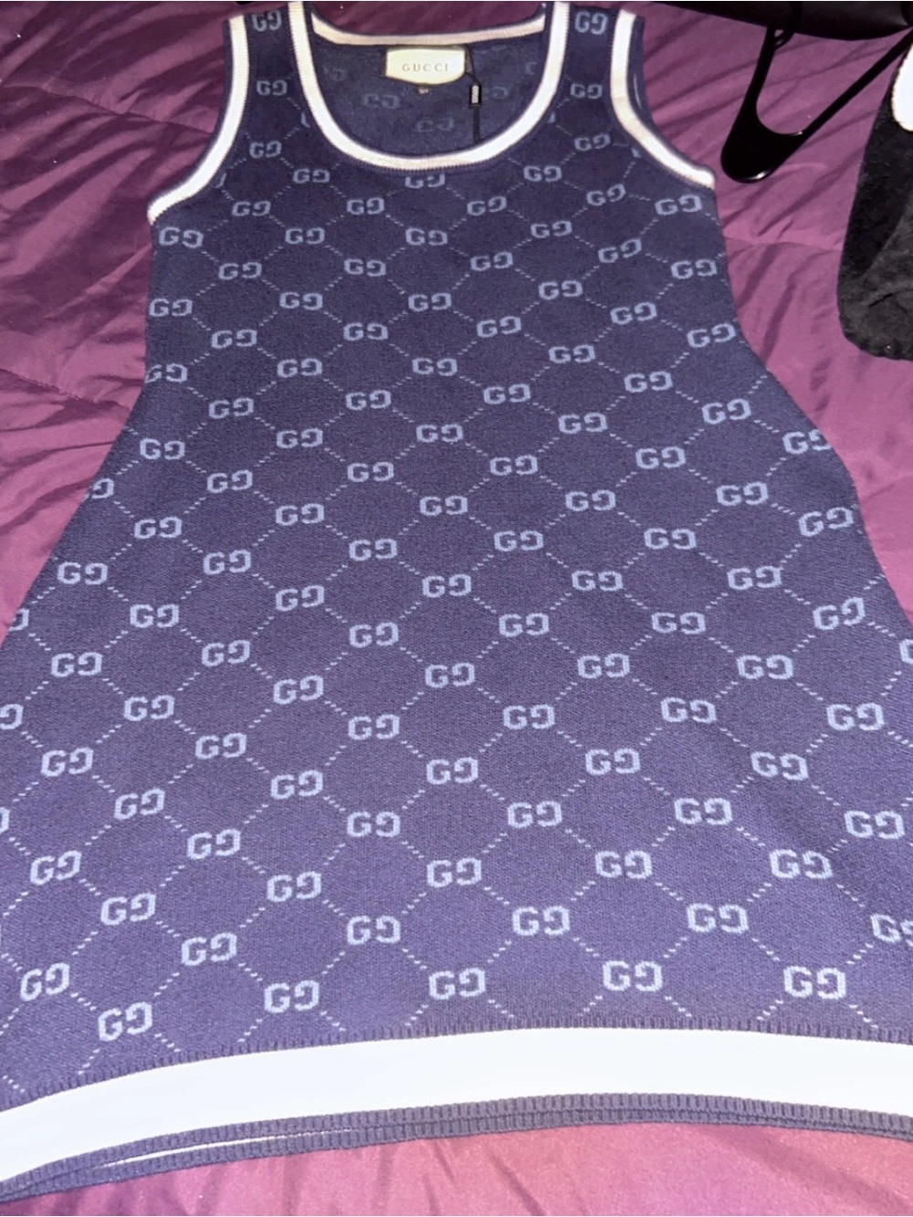 Gucci Navy and White GG Jaquard Logo Knit Tank mini dress